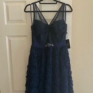 Adrianna Papell navy lace and floral floor length gown with jewel embellishment